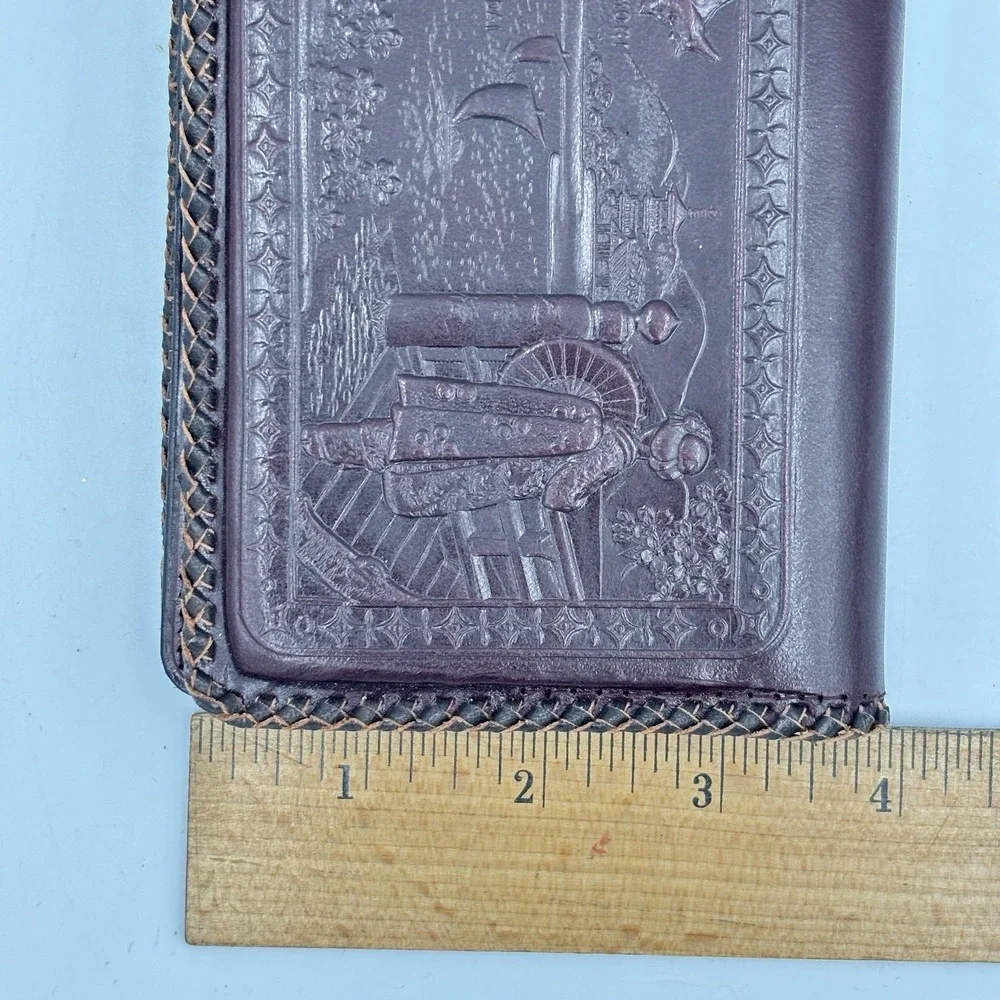 Vintage Embossed Leather Wallet Japanese Japan Map Dragon Bi-fold Dark Brown